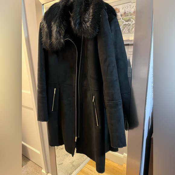 Cole Haan Signature Faux Fur Shearling Black Coat - Picture 3 of 8